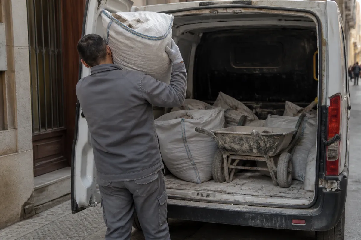 Operario cargando sacos de escombro en una furgoneta durante una recogida en Valencia