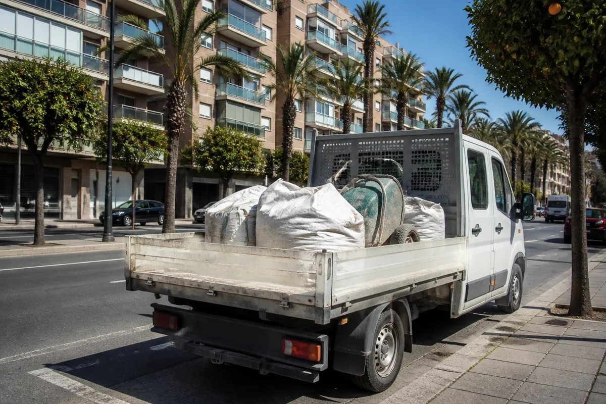 Furgoneta de recogida de escombros cargada de sacas en una avenida de Valencia