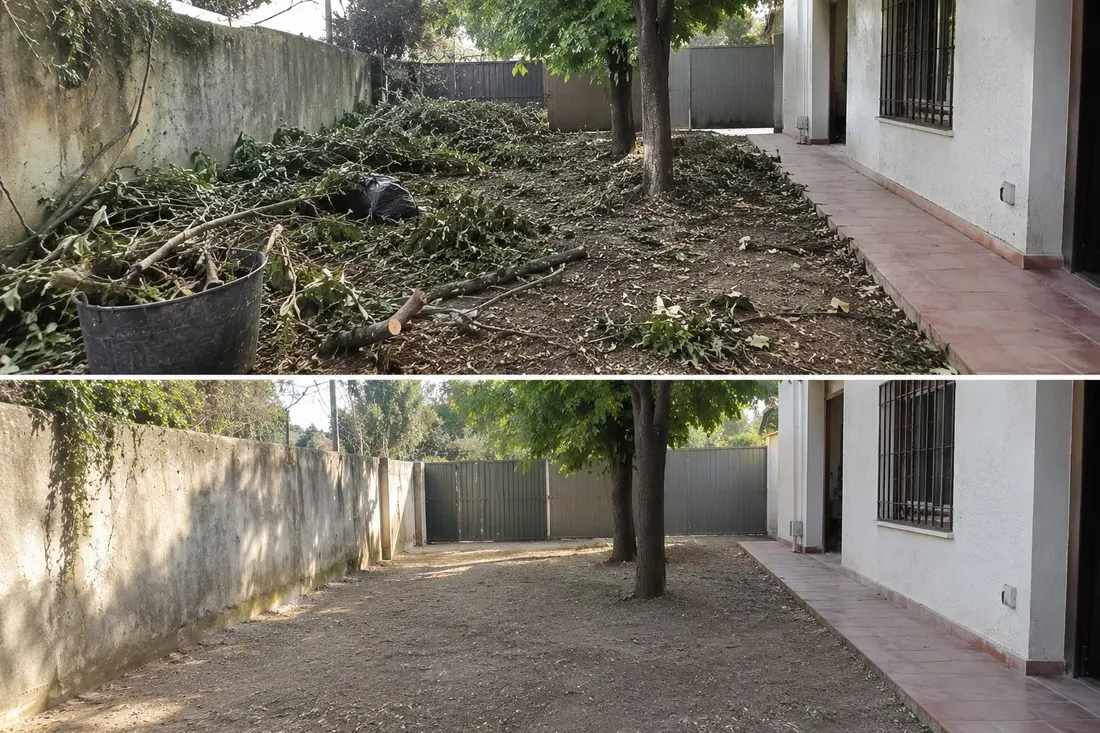 Jardín de una vivienda antes y después de retirar los restos de poda
