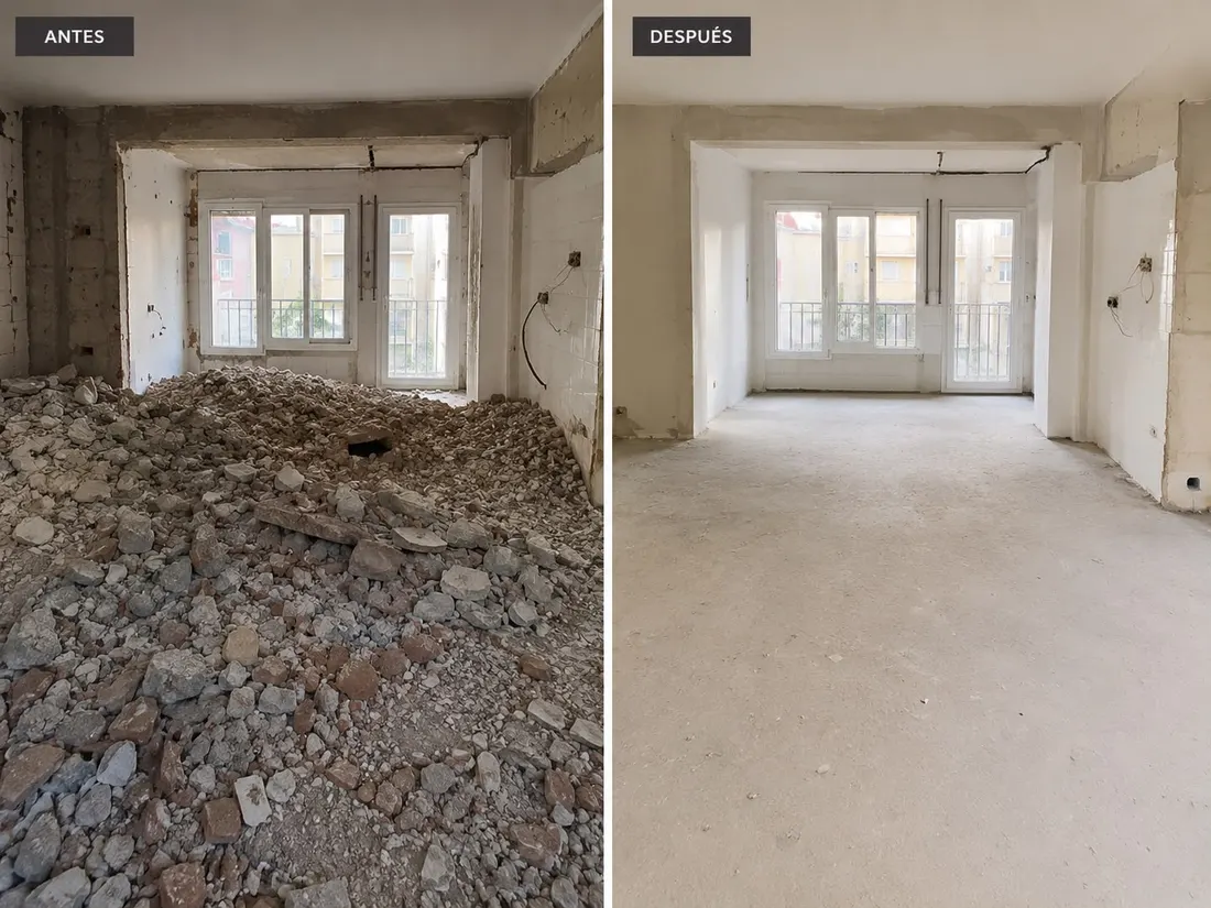 Piso con montón de escombros antes y después de dejarlo limpio